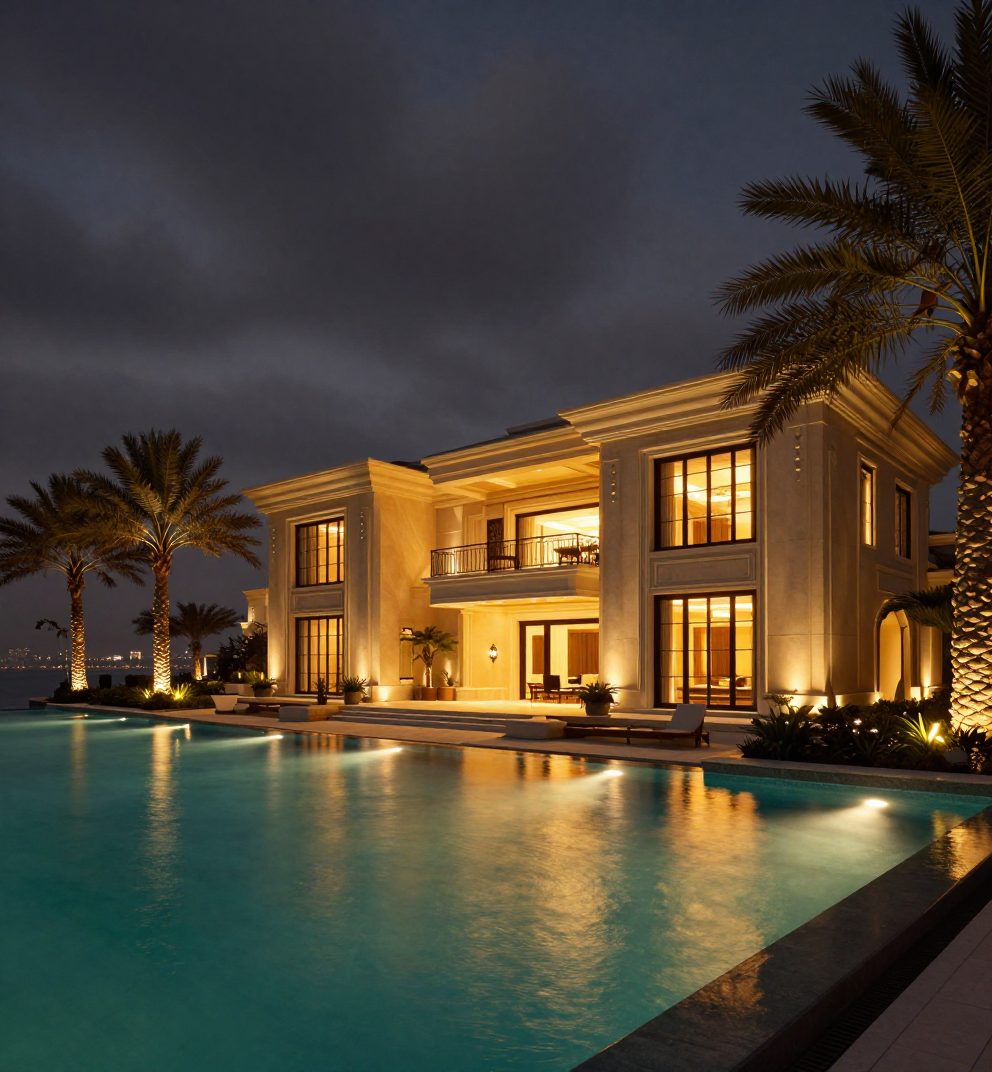 Luxury villa with pool lighting, UAE